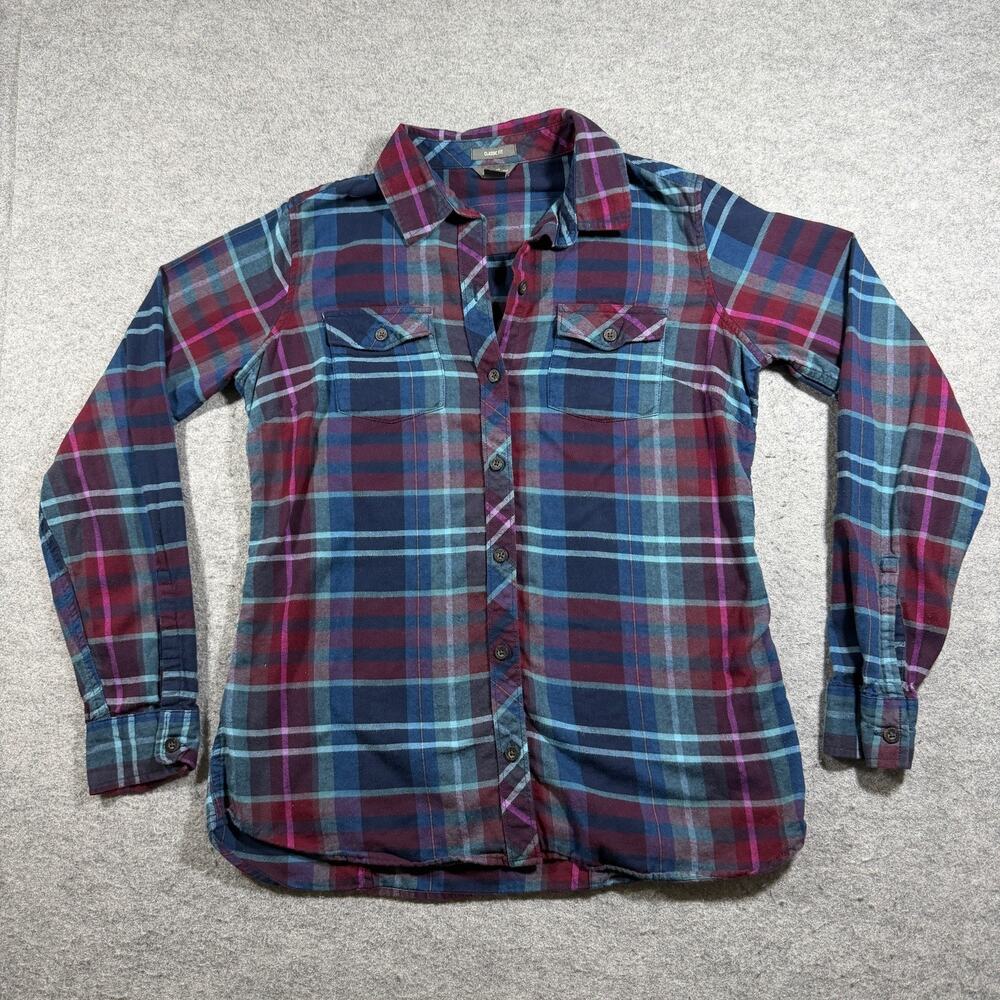 Eddie Bauer Flannel Shirt Womens S Navy Maroon Plaid Button Front Classic Fit